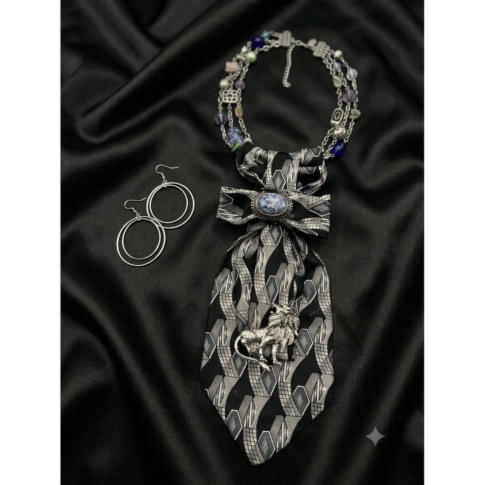 Franck Michel Italy Silk Tie Necklace Lion Brooch & Hoop Earrings Set Maximalist - Picture 11 of 11